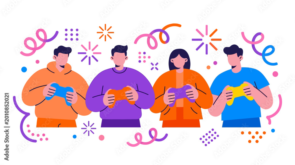 Fototapeta premium Group of diverse friends using smartphones at a festive celebration with confetti and colorful streamers