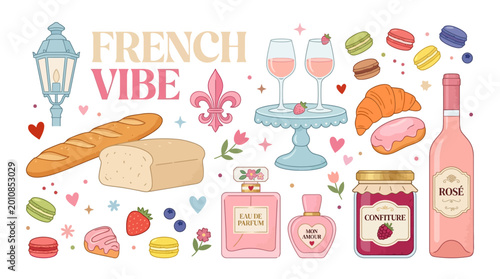 Whimsical French Vibe collage featuring baguette, cheese, croissant, macarons, wine, rose and perfume in a colorful Parisian-inspired still life