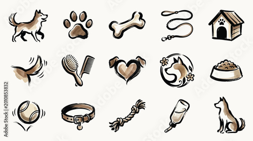 Quadro su tela A collection of charming hand-drawn icons representing various aspects of dog ownership and care, including toys, food, and accessories