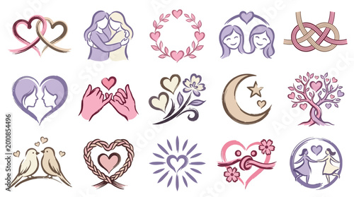 Konstfotografi Collection of stylized icons representing love, relationships, and commitment, featuring hearts, couples, and symbolic imagery