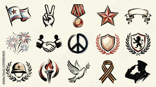 Foto Collection of diverse symbols representing peace, victory, military, and national pride, including flags, medals, and emblems