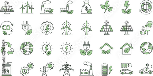 Schilderij op canvas Sustainability and Green Energy Line Icon Set Featuring Solar Panels Wind Turbin