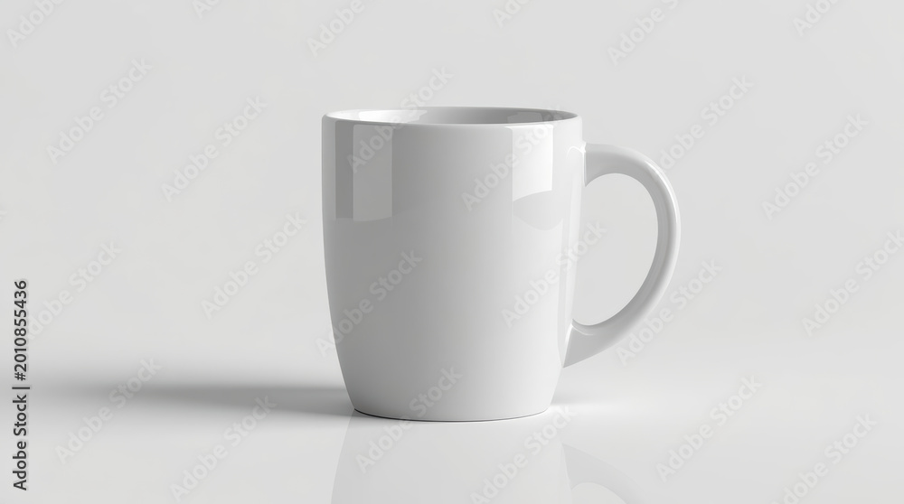 Obraz premium White ceramic mug with glossy glaze on reflective surface, soft lighting and calm mood