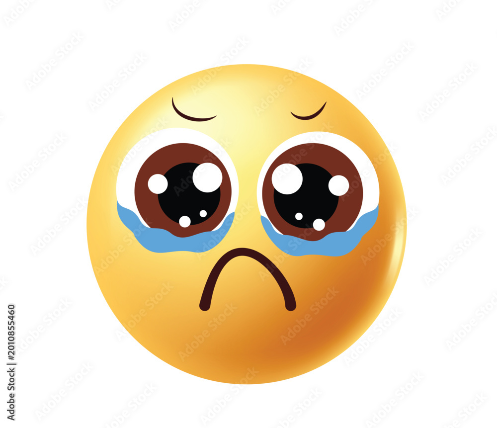 Fototapeta premium Sad Crying Yellow Emoji Vector Illustration With Big Tearful Eyes Isolated On White Background