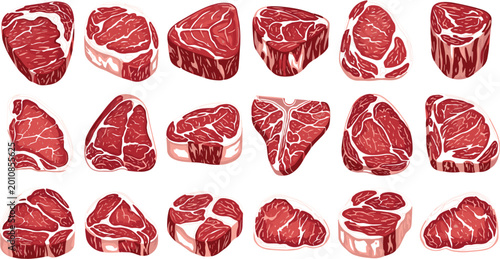 Photos Large Collection of Raw Beef Steak Cuts and Marbled Meat Slices with Various Sha