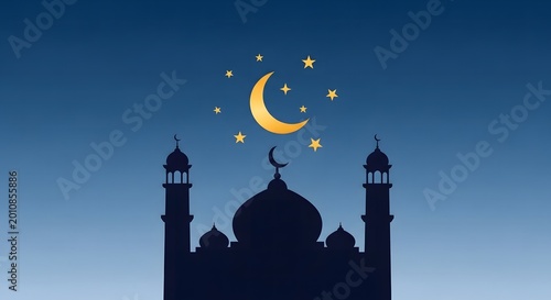 Islamic mosque silhouette with crescent moon and stars at dusk