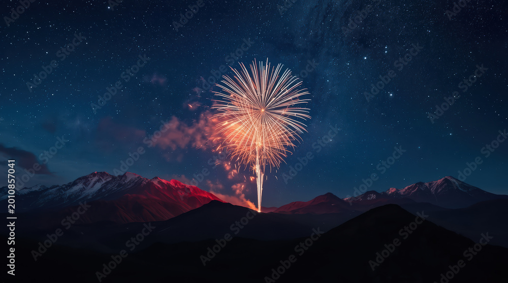 Fototapeta premium Fireworks bloom above snowcapped mountain peaks under starry night sky, warm glow visible
