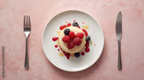 Creamy panna cotta topped with raspberries and blueberry sauce, elegant dessert presentation