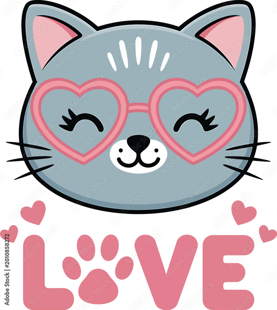 Fototapeta premium Cute gray cartoon cat head wears pink heart shaped glasses with the word LOVE