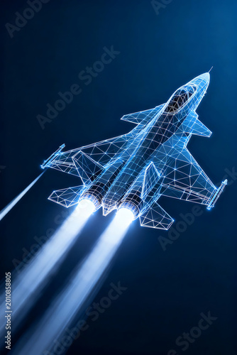 Futuristic fighter jet wireframe technology flying through deep space background banner