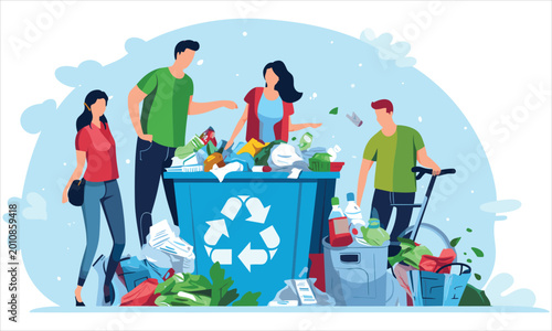 Group of diverse people sorting waste and collecting garbage into large recycle bag, environmental care concept