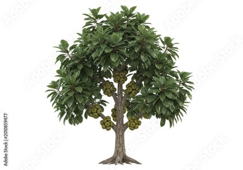 A jackfruit tree with fruits isolated on white background, a tropical delight