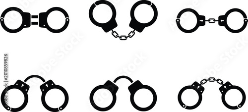 Fotografía Handcuffs icon set with chain and hinge restraint silhouettes for police law enf