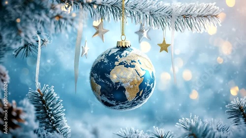 Christmas ornament depicting Earth hanging on tree
