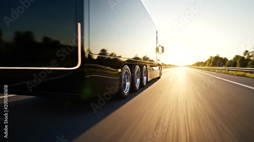 Modern Black Semi Truck Driving on Highway at Sunset.