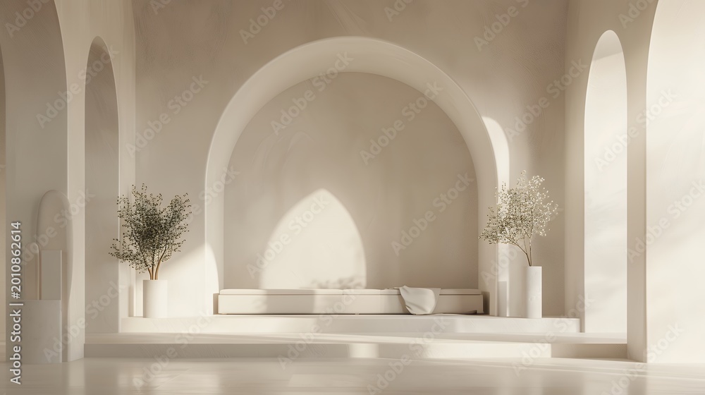 Fototapeta premium Elegant Minimalist Interior: Arched Architecture, Soft Natural Light, Serene Beige Tones & Potted Greenery