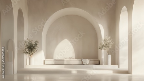 Minimalist Interior with Arches and Natural Light. Serene Creamy Beige Architectural Space with Podium and Plants