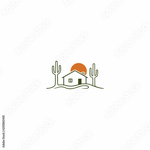 Professional Desert House Cactus Logo Design, Minimalist Sun Landscape Identity, Rustic Western Branding Symbol. Cactus Home Logo idea. 