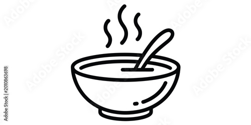 Obraz na plátne Simple line icon of a hot bowl of soup with a spoon and rising steam Vector, ill