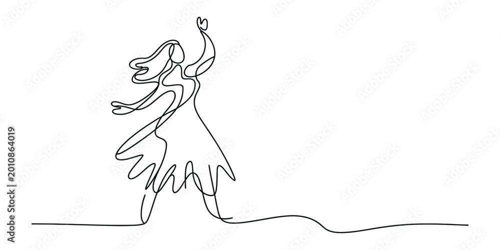 Naklejka premium Continuous single line drawing of a happy woman dancing in a dress Vector, illustration