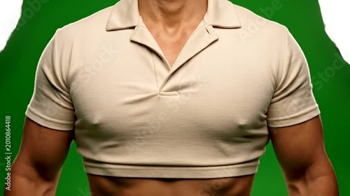 Muscular male athlete posing in a beige crop top shirt against a green screen.