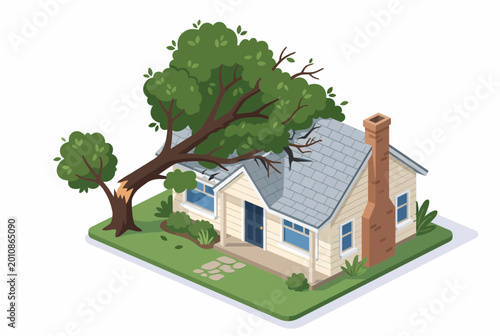 Isometric House with Fallen Tree Damage for Home Insurance Claim