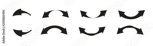 Black silhouette collection of curved arrow symbols and double headed directional pointers for web design.