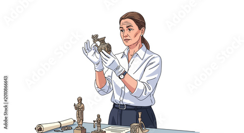 Photos Female museum curator or archeologist examining ancient artifact vase illustrati