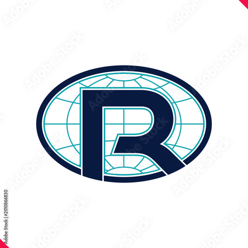 Professional oval shape initial logo concept letter R with blue globe grid line background. idea and inspiration for branding, company and corporation name initial. personal and commercial purpose.