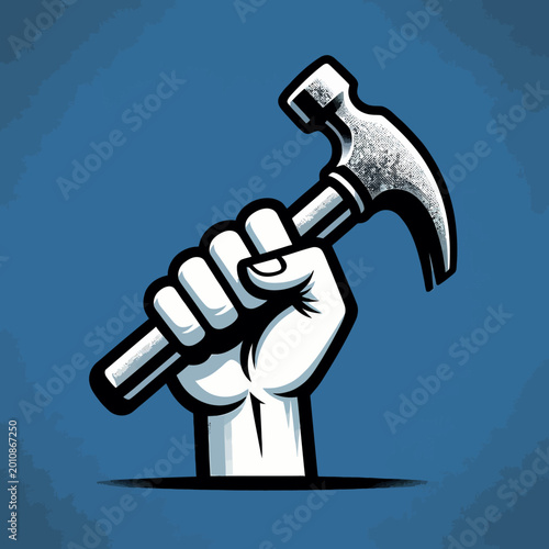 A stylized graphic illustration of a strong hand gripping a claw hammer against a solid blue background.