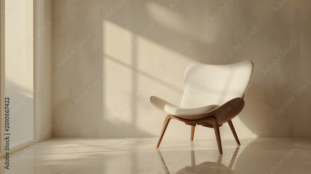 Fototapeta premium Elegant modern armchair in sunlit minimalist room. Warm light and shadows on clean walls and reflective floor, serene interior.