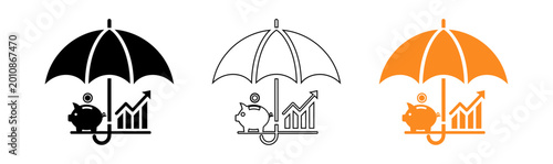 Financial protection concept umbrella shielding piggy bank and growth charts