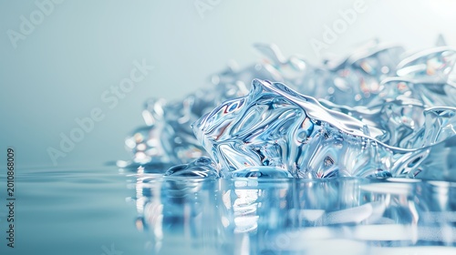 Glistening ice cubes on a reflective water surface with cool blue light. Freshness, purity, and coldness concept.