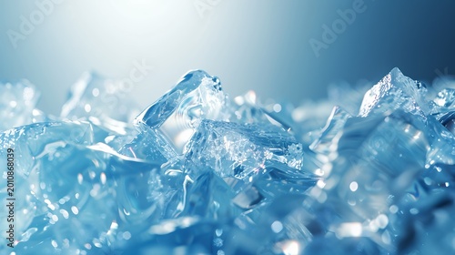 Sparkling blue ice shards and crystals, close-up. Abstract frosty texture with cool light reflections.