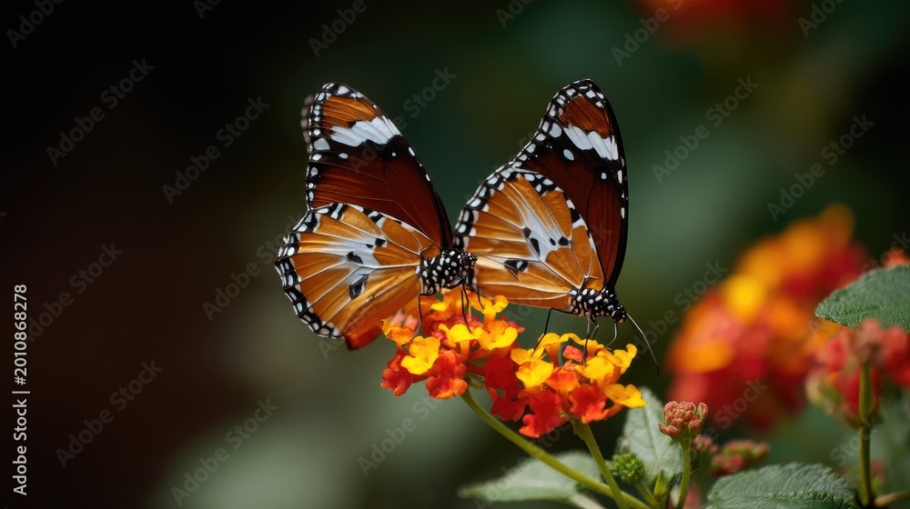 Obraz premium Two vibrant butterflies perched on colorful flowers in a serene garden setting, showcasing nature's beauty and intricate details of wings and petals.