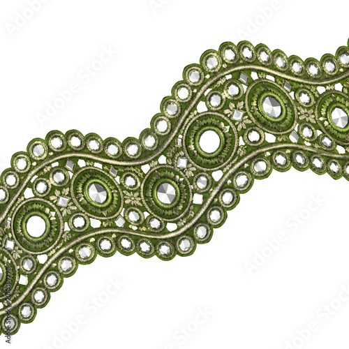 Intricate Green and Silver Beaded Lace Trim with Rhinestones and Circular Motifs Transparent Background
