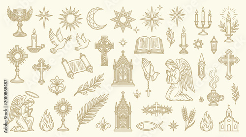 Bild auf Leinwand Collection of religious symbols and icons, including angels, crosses, churches, candles, and sacred objects, rendered in a vintage, ornate style