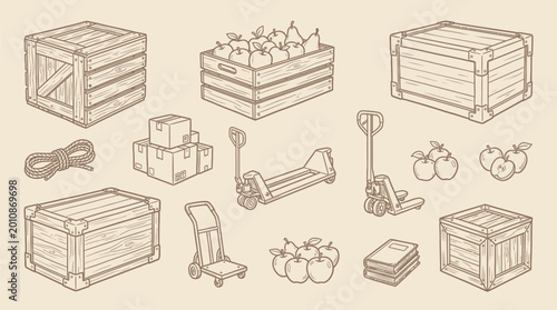 Foto A detailed isometric illustration showcasing a collection of various wooden crates, boxes, hand trucks, apples, and a book, rendered in a vintage sketch style on a beige background