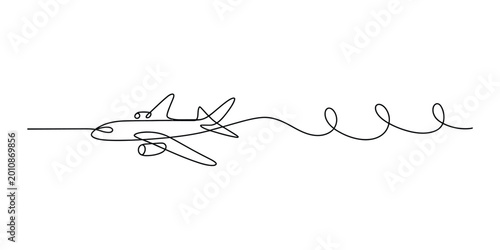 Foto Continuous single line drawing of a passenger airplane flying with a swirl trail