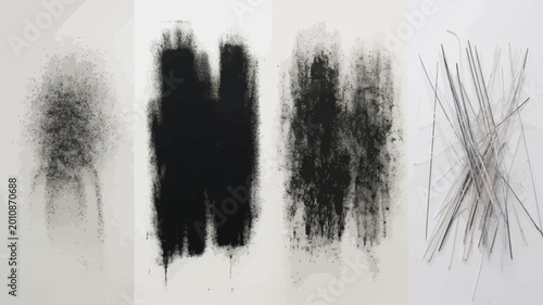 Set of four distinct charcoal and graphite drawing marks on white paper.