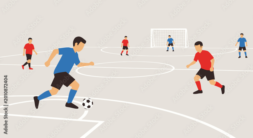 Obraz premium Two teams playing a soccer match on a court with a goal and a referee in the background