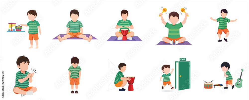 Fototapeta premium Cartoon Vector Illustration Set of a Little Boy Playing Various Musical Instruments and Engaging in Daily Activities