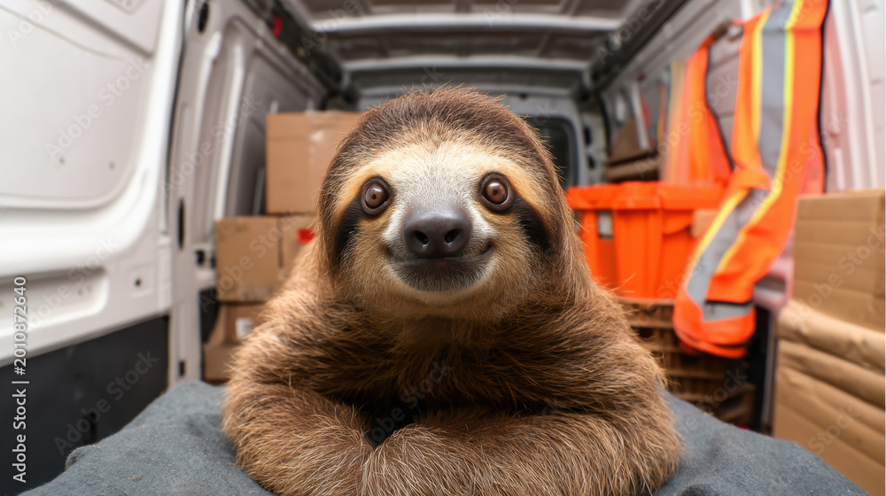Fototapeta premium close-up of a cute sloth resting inside a delivery van filled with boxes and safety gear.