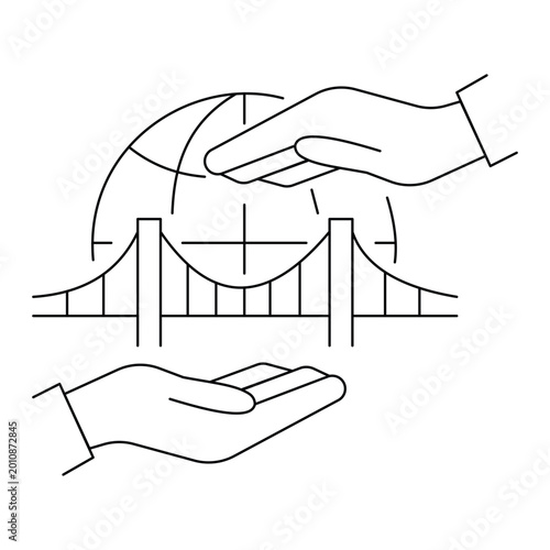 Hands protecting bridge and globe line art. Global infrastructure and connection icon.Editable stroke, Vector illustration, Line art Icon, Symbols.	