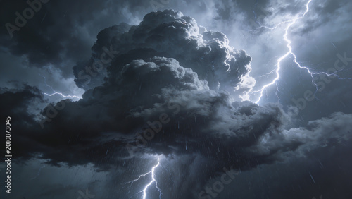 Dramatic thunderstorm with intense lightning bolts striking through dark swirling storm clouds for powerful atmospheric nature photography and cinematic storm scenes