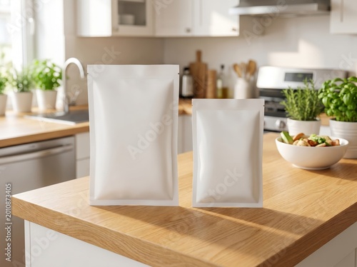 Blank white resealable pouches on a kitchen countertop