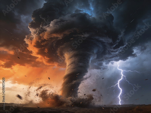 Powerful storm vortex swirling over dramatic twilight landscape with intense lightning bolts illuminating swirling clouds and dark sky amidst fierce natural forces