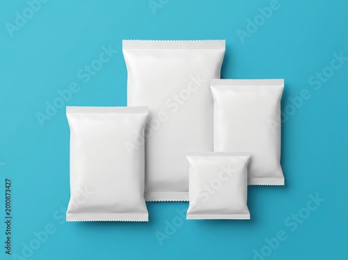 Blank white food pouches mockup set on teal background