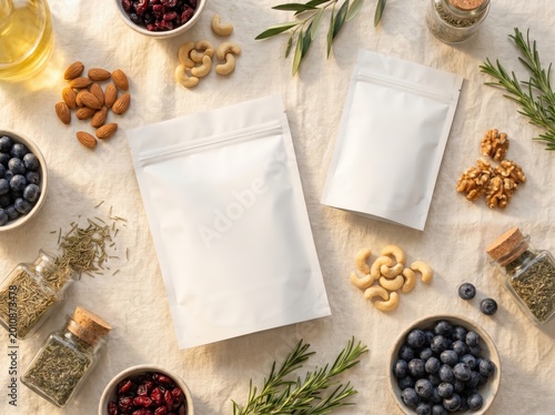 Blank stand up pouches with healthy snacks and herbs