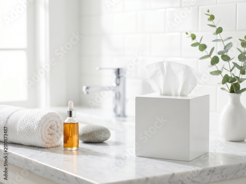 Bathroom countertop essentials with tissue box and skincare products